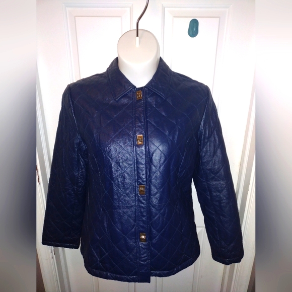 Vintage Chadwicks 💙 Blue Leather Quilted Jacket Coat Sz L - Picture 1 of 9